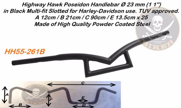 GUIDON EN 25/32 HARLEY POSEIDON NOIR...H55-261B Highway Hawk Handlebar "Poseidon" 900 mm wide 120 mm height for "1" (25,4 mm) clamping with 3 holes black TÜV