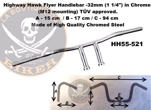 GUIDON HONDA en 25/32 FLYER CHROME...H55-521 Highway Hawk Handlebar "Flyer" 940 mm wide 150 mm high with M12 thread "1" (25,4 mm) chrome TÜV...LA BOUTIQUE DU BIKER