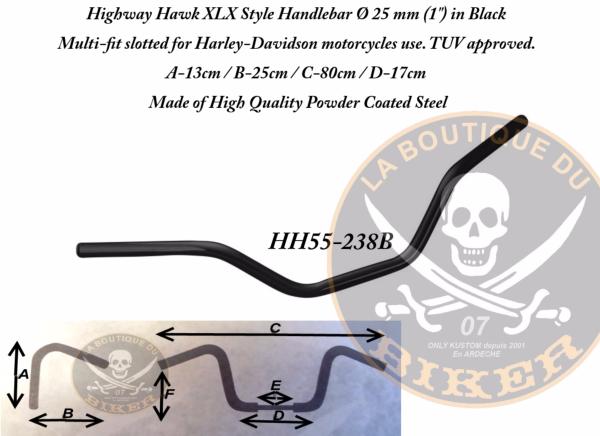 GUIDON EN 25 HARLEY XLX STYLE NOIR...H55-238B Highway Hawk Handlebar "XLX-Style" 800 mm wide 130 mm high for "1" (25,4 mm) clamping with 3 holes dull black TÜV...LA BOUTIQUE DU BIKER