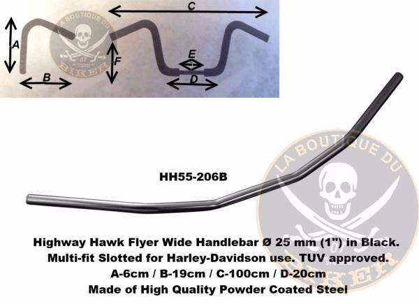 GUIDON EN 25 HARLEY FLYER WIDE NOIR...H55-206B Highway Hawk Handlebar "Flyer Wide" 1000 mm wide for "1" (25,4 mm) clamping with 3 holes dull black TÜV