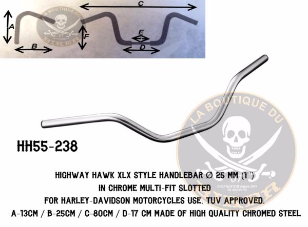 GUIDON EN 25 HARLEY XLX STYLE CHROME...H55-238 Highway Hawk Handlebar "XLX-Style" 800 mm wide 130 mm high for "1" (25,4 mm) clamping with 3 holes chrome TÜV...LA BOUTIQUE DU BIKER