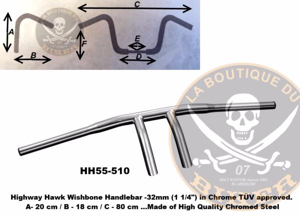 GUIDON HONDA en 25/32 WISHBONE CHROME...VT600 SHADOW...H55-510 Highway Hawk Handlebar "Wishbone" 800 mm wide 200 mm high for Honda VT 600 Shadow chrome TÜV