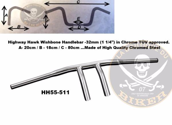 GUIDON SUZUKI en 25/32 WISHBONE CHROME...H55-511 Highway Hawk Handlebar "Wishbone" 800 mm wide 200 mm high with M12 thread "1" (25,4 mm) chrome TÜV...LA BOUTIQUE DU BIKER