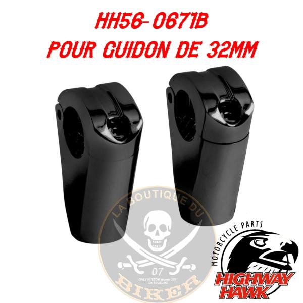 RISERS 06.5CM POUR GUIDON DE 32mm...H56-0671 NOIR...Highway Hawk Riser "Spartican 65 mm" 32mm 1 1/4" clamping With reducing sleeves for use on triple clamps of 10, 12mm bushings TÜV black