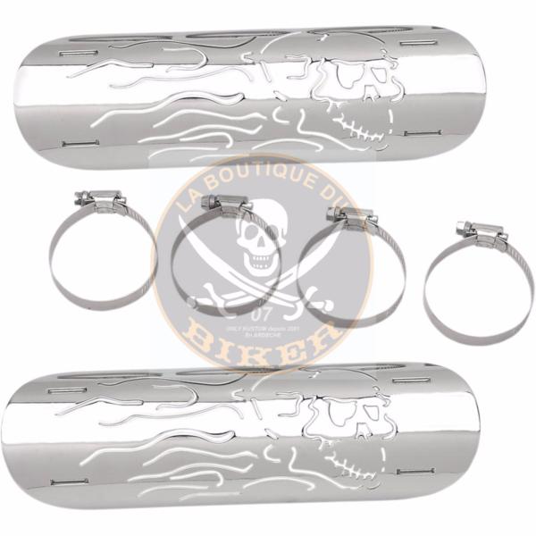 PARE CHALEUR POUR POTS DE 51/57mm CHROME SKULL 25.4cm...PE18610102 DRAG SPECIALTIES HEAT SHIELD FLAME SKULL 18610102 / 1861-0102...LA BOUTIQUE DU BIKER