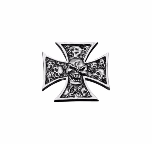 EMBLEME ADHESIF CROSS & SKULL CHROME...H01-324 Highway Hawk Emblem "'Maltese Grave" in chrome 4x4 cm for gluing emblem..LA BOUTIQUE DU BIKER