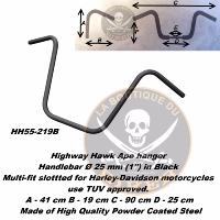 GUIDON EN 25 HARLEY HAUTEUR 41CM APEHANGER NOIR...H55-219B Highway Hawk Handlebar "Apehanger" 900 mm wide 410 mm high for "1" (25,4 mm) clamping with 3 holes dull black TÜV...LA BOUTIQUE DU BIKER