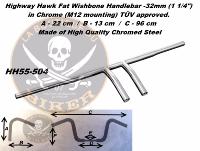 GUIDON YAMAHA CHROME en 25/32 FAT WISHBONE...H55-504 Highway Hawk Handlebar "Wishbone" 960 mm wide 220 mm high for Honda, Yamaha, Suzuki models with 100 mm clamping width chrome TÜV